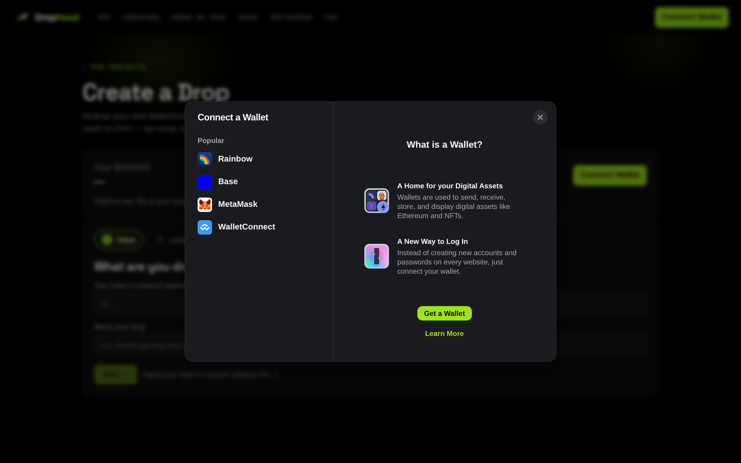 DropHood connect-wallet modal