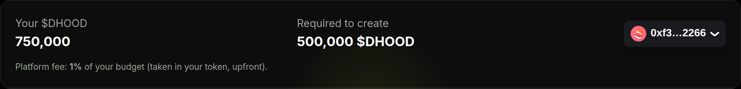 Creator gate — 500,000 $DHOOD required, 1% platform fee