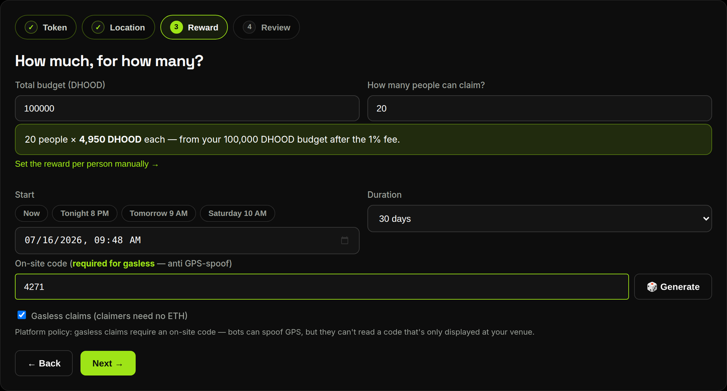 Wizard step 3 — budget auto-math, start-time chips and the on-site code