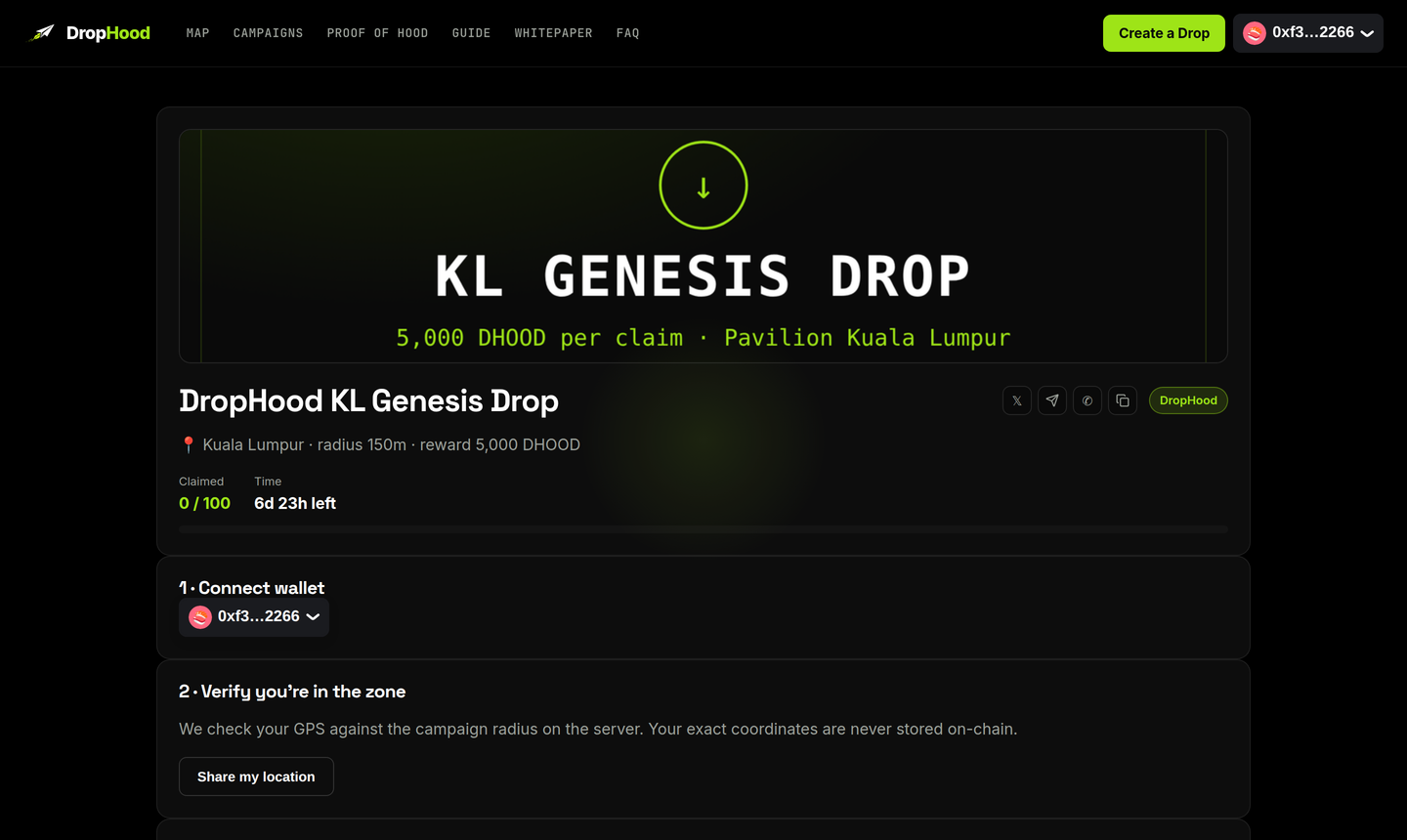 Claim page showing the drop artwork, reward, progress and share buttons